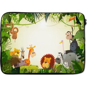 Laptophoes 14 inch - Jungle - Dieren - Slang - Olifant - Jongens - Meisje - Kids - Baby - Laptop sleeve - Binnenmaat 34x23,5 cm - Zwarte achterkant
