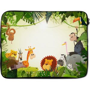 Laptophoes 15.6 inch - Jungle - Dieren - Slang - Olifant - Jongens - Meisje - Kids - Baby - Laptop sleeve - Binnenmaat 39,5x29,5 cm - Zwarte achterkant