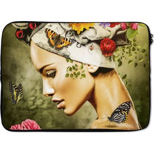 Laptophoes 13 inch - Vrouw - Bloemen - Kleuren - Vlinders - Rozen - Hoofddoek - Laptop sleeve - Binnenmaat 32x22,5 cm - Zwarte achterkant