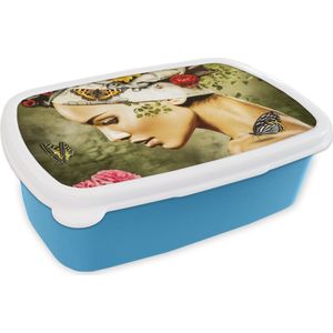 Broodtrommel Blauw - Lunchbox - Brooddoos - Vrouw - Bloemen - Kleuren - Vlinders - Rozen - Hoofddoek - 18x12x6 cm - Kinderen - Jongen