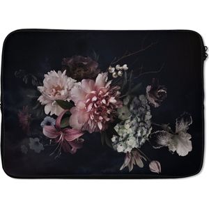Laptophoes 13 inch - Bloemen - Vintage - Pastel - Roze - Wit - Laptop sleeve - Binnenmaat 32x22,5 cm - Zwarte achterkant