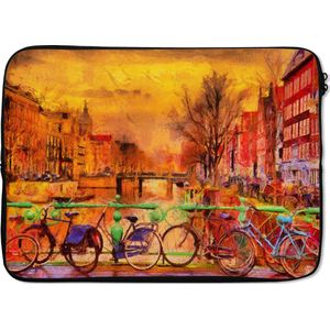 Laptophoes 14 inch - Schilderij - Fiets - Amsterdam - Gracht - Olieverf - Laptop sleeve - Binnenmaat 34x23,5 cm - Zwarte achterkant