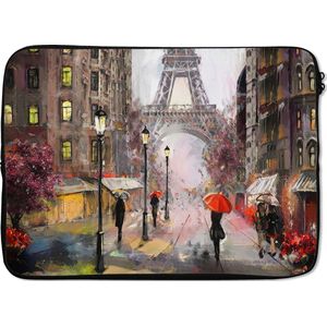 Laptophoes 14 inch - Schilderij - Parijs - Eiffeltoren - Paraplu - Olieverf - Laptop sleeve - Binnenmaat 34x23,5 cm - Zwarte achterkant