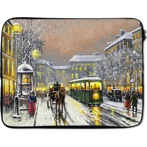 Laptophoes 15.6 inch - Schilderij - Winter - Tram - Paard - Stad - Olieverf - Laptop sleeve - Binnenmaat 39,5x29,5 cm - Zwarte achterkant