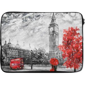 Laptophoes 13 inch - Schilderij - Big Ben - Rood - Paraplu - Laptop sleeve - Binnenmaat 32x22,5 cm - Zwarte achterkant