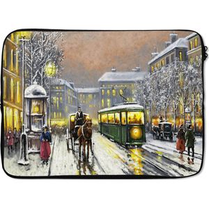 Laptophoes 13 inch - Schilderij - Olieverf - Winter - Tram - Paard - Laptop sleeve - Binnenmaat 32x22,5 cm - Zwarte achterkant