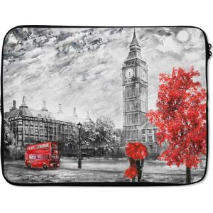 Laptophoes 15.6 inch - Schilderij - Big Ben - Rood - Paraplu - Laptop sleeve - Binnenmaat 39,5x29,5 cm - Zwarte achterkant