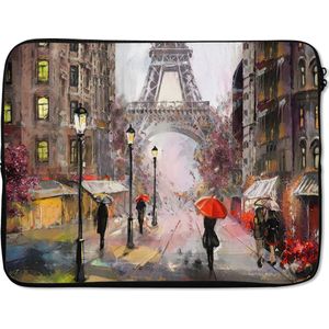 Laptophoes 15.6 inch - Schilderij - Parijs - Eiffeltoren - Paraplu - Olieverf - Laptop sleeve - Binnenmaat 39,5x29,5 cm - Zwarte achterkant