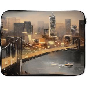 Laptophoes 15.6 inch - Schilderij - Olieverf - Skyline - Stad - Water - Laptop sleeve - Binnenmaat 39,5x29,5 cm - Zwarte achterkant