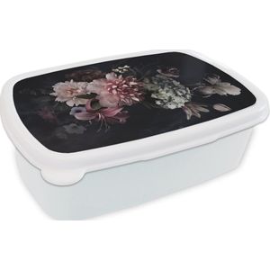 Broodtrommel Wit - Lunchbox - Brooddoos - Bloemen - Vintage - Pastel - Roze - Wit - 18x12x6 cm - Volwassenen