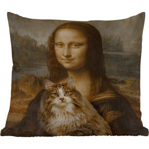 Buitenkussen - Mona Lisa - Kat - Leonardo da Vinci - Vintage - Kunstwerk - Oude meesters - Schilderij - 45x45 cm - Weerbestendig