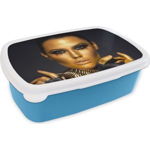 Broodtrommel Blauw - Lunchbox - Brooddoos - Make up - Tas - Goud - Luxe - Vrouw - 18x12x6 cm - Kinderen - Jongen