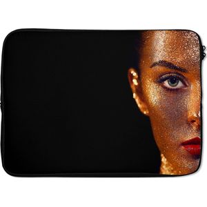 Laptophoes 14 inch - Make up - Goud - Vrouw - Luxe - Glitter - Kunst - Laptop sleeve - Binnenmaat 34x23,5 cm - Zwarte achterkant