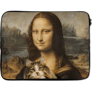 Laptophoes 17 inch - Mona Lisa - Kat - Leonardo da Vinci - Vintage - Kunstwerk - Oude meesters - Schilderij - Laptop sleeve - Binnenmaat 42,5x30 cm - Zwarte achterkant