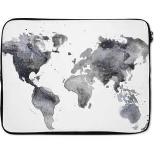 Laptophoes 15.6 inch - Wereldkaart - Abstract - Grijs - Waterverf - Laptop sleeve - Binnenmaat 39,5x29,5 cm - Zwarte achterkant