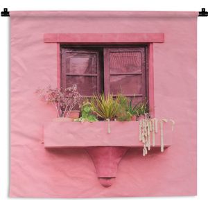 Wandkleed - Wanddoek - Raam - Planten - Roze - Plantenbak - 90x90 cm - Wandtapijt