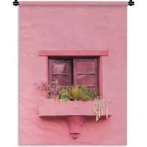 Wandkleed - Wanddoek - Raam - Planten - Roze - Plantenbak - 90x120 cm - Wandtapijt