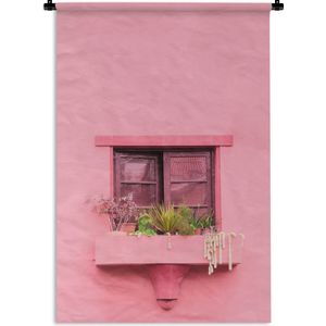 Wandkleed - Wanddoek - Raam - Planten - Roze - Plantenbak - 60x90 cm - Wandtapijt