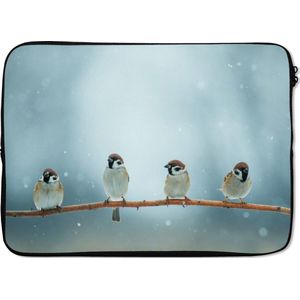 Laptophoes 14 inch - Vogels - Mus - Sneeuw - Winter - Laptop sleeve - Binnenmaat 34x23,5 cm - Zwarte achterkant