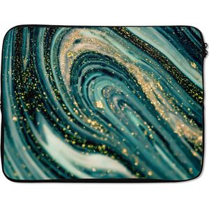 Laptophoes 17 inch - Marmer printlook - Luxe - Goud - Turquoise - Glitter - Laptop sleeve - Binnenmaat 42,5x30 cm - Zwarte achterkant
