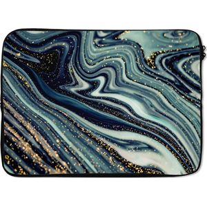 Laptophoes 14 inch - Marmer print - Goud - Blauw - Glitter - Marmer printlook - Abstract - Laptop sleeve - Binnenmaat 34x23,5 cm - Zwarte achterkant