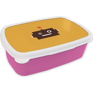 Broodtrommel Roze - Lunchbox - Brooddoos - Robot - Gezicht - Antenne - Geel - Jongens - Kind - 18x12x6 cm - Kinderen - Meisje