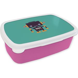 Broodtrommel Roze - Lunchbox - Brooddoos - Robot - Gezicht - Antenne - Blauw - Jongens - 18x12x6 cm - Kinderen - Meisje