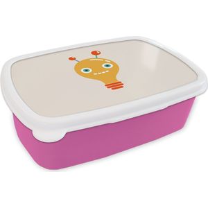 Broodtrommel Roze - Lunchbox - Brooddoos - Robot - Gloeilamp - Gezicht - Antenne - Kinderen - 18x12x6 cm - Kinderen - Meisje