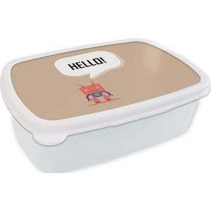 Broodtrommel Wit - Lunchbox - Brooddoos - Spreuken - Quotes - Hello! - Robot - Tandwiel - Kinderen - 18x12x6 cm - Volwassenen