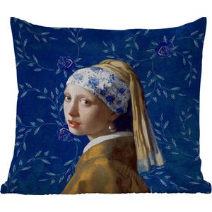 Buitenkussen - Meisje met de parel - Delfts blauw - Vermeer - Bloemen - Schilderij - Oude meesters - 45x45 cm - Weerbestendig