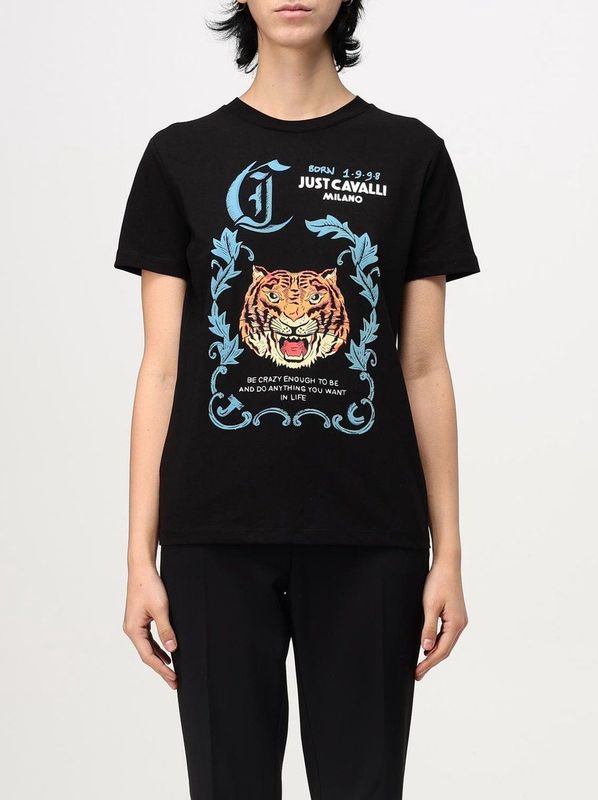 Just Cavalli - Grafische T-shirt - Zwart - Dames - Katoen - Korte Mouwen