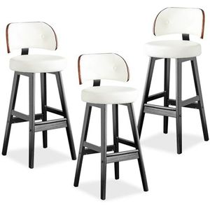TOTLAC Moderne barkrukken, PU lederen gestoffeerde barkrukken met rugleuning, massief houten poten, keuken toonbank stoel set van 3 wit + bruin - 85 cm zithoogte