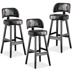 TOTLAC Moderne barkrukken, PU lederen gestoffeerde barkrukken met rugleuning, massief houten poten, keuken toonbank stoel set van 3 zwart + zwart-65cm zithoogte