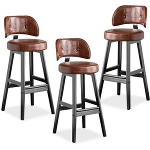 TOTLAC Moderne barkrukken, PU lederen gestoffeerde barkrukken met rugleuning, massief houten poten, keuken toonbank stoel set van 3 bruin + zwart-65 cm zithoogte