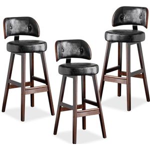 TOTLAC Moderne barkrukken, PU lederen gestoffeerde barkrukken met rugleuning, massief houten poten, keuken toonbank stoel set van 3 zwart + bruin - 85 cm zithoogte
