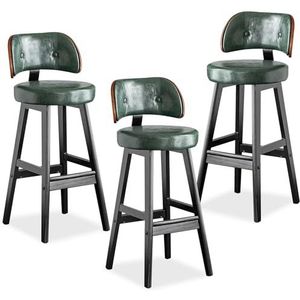 TOTLAC Moderne barkrukken, PU lederen gestoffeerde barkrukken met rugleuning, massief houten poten, keuken toonbank stoel set van 3 groen + zwart-65cm zithoogte