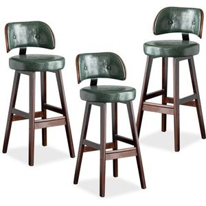 TOTLAC Moderne barkrukken, PU lederen gestoffeerde barkrukken met rugleuning, massief houten poten, keuken toonbank stoel set van 3 groen + bruin - 65 cm zithoogte