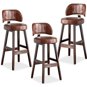 TOTLAC Moderne barkrukken, PU lederen gestoffeerde barkrukken met rugleuning, massief houten poten, keuken toonbank stoel set van 3 bruin + bruin - 85 cm zithoogte