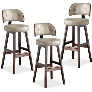 TOTLAC Moderne barkrukken, PU lederen gestoffeerde barkrukken met rugleuning, massief houten poten, keuken toonbank stoel set van 3 grijs + bruin - 75 cm zithoogte