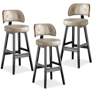 TOTLAC Moderne barkrukken, PU lederen gestoffeerde barkrukken met rugleuning, massief houten poten, keuken toonbank stoel set van 3 grijs + zwart-65cm zithoogte