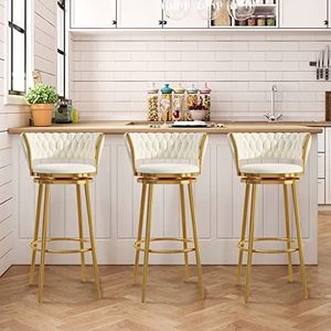 TOTLAC Draaibare barkrukken set van 3, barkrukken op toonhoogte, 360° draaibare elegante barstoelen met rugleuning gestoffeerde kruk voor keukeneiland, rustieke barkrukken - wit