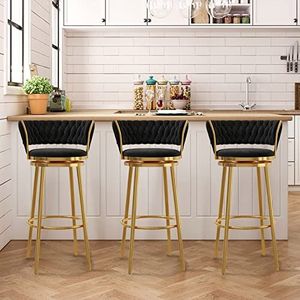 TOTLAC Draaibare barkrukken set van 3, barkrukken op toonhoogte, 360° draaibare elegante barstoelen met rugleuning gestoffeerde kruk voor keukeneiland, rustieke barkrukken - zwart