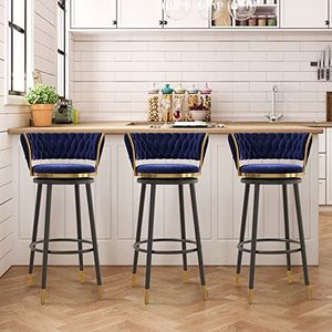 TOTLAC Draaibare barkrukken set van 3, barkrukken op toonhoogte, 360° draaibare elegante barstoelen met rugleuning gestoffeerde kruk voor keukeneiland, rustiek bar-blauw