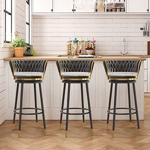 TOTLAC Draaibare barkrukken set van 3, barkrukken op toonhoogte, 360° draaibare elegante barstoelen met rugleuning gestoffeerde kruk voor keukeneiland, rustieke barkrukken - grijs