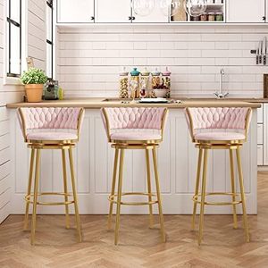 TOTLAC Draaibare barkrukken set van 3, barkrukken op toonhoogte, 360° draaibare elegante barstoelen met rugleuning gestoffeerde kruk voor keukeneiland, rustieke barkrukken - roze