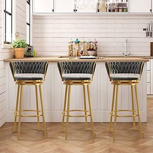 TOTLAC Draaibare barkrukken set van 3, barkrukken op toonhoogte, 360° draaibare elegante barstoelen met rugleuning gestoffeerde kruk voor keukeneiland, rustieke barkrukken - grijs