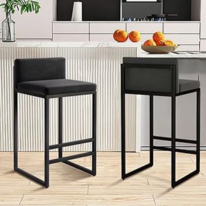 OSBELE Barkrukken set van 2, barstoelen met voetensteun keuken café kruk fluweel gestoffeerd metalen frame voor keuken eiland thuis pub zwart 75 cm