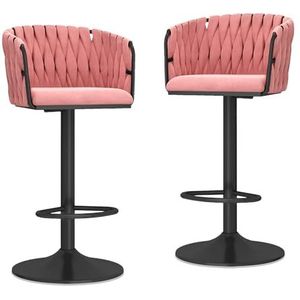 OSBELE Draaibare krukjes met zithoogte met achterkant, set van 2 fluwelen geweven gestoffeerde barkruk, verstelbare barhoogte, keukeneilandkruk, stoelen met zwarte metalen poten, roze