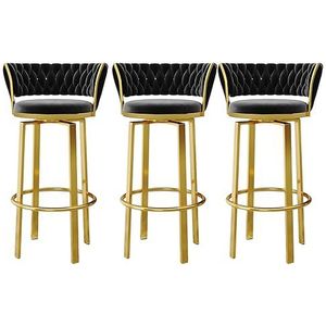 OSBELE Barkrukken Set van 3, Gouden Metalen Ronde Krukken voor Keuken Counter Fluwelen Barkrukken met Geweven Rugleuning Draaibare Bar Stoelen voor Dining Cafe, Metalen Voetsteun, Hoogte 65cm, Zwart