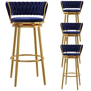 OSBELE Fluwelen barkrukken set van 4 barkrukken op toonhoogte met geweven rug draaibare barstoelen met gouden basis moderne keuken eilandkrukken voor thuis bar/eetkamer, blauw